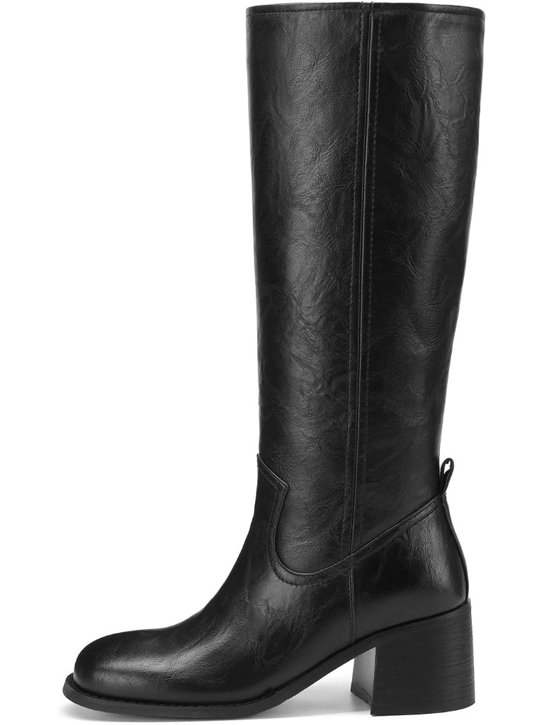 Women's Black 1 Square Toe Chunky Block Heel Casual Campus Tall Boots Western